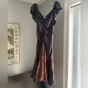 Vintage Betsey Johnson Blue and Red Floral Ruffle 100% Silk Dress